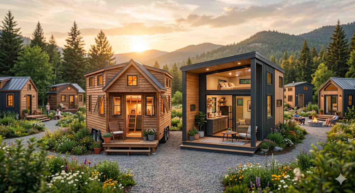 Two modern tiny homes in a landscaped mountain community at sunset, featuring large windows, wood exteriors, and cozy outdoor seating. Additional tiny cabins, wildflowers, and people relaxing around fire pits create a peaceful, eco-friendly neighborhood setting.