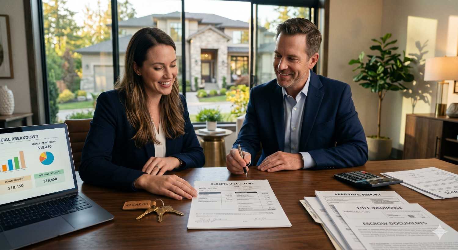 A couple reviews and signs home closing documents at a table with house keys, financial reports, and mortgage paperwork, celebrating a real estate purchase inside a bright modern home.