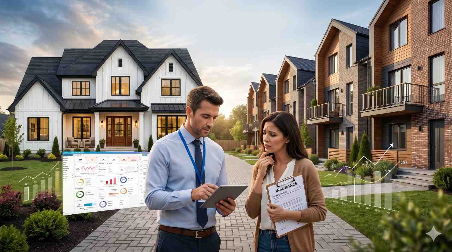 Insurance agent reviews property and market data on a tablet while speaking with a concerned homeowner holding insurance documents. Modern suburban homes and overlayed analytics charts highlight home insurance evaluation, property value trends, and residential risk assessment.