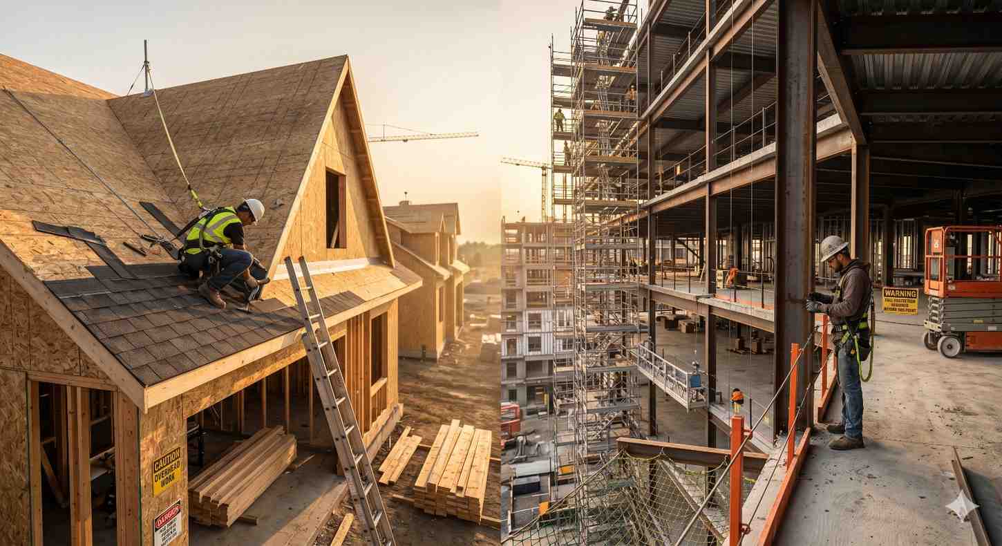 Construction workers perform roofing and structural work on residential and commercial building sites at sunset. Scaffolding, steel frameworks, ladders, and safety equipment surround the active construction areas.