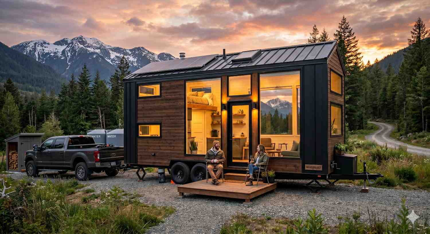 Modern tiny house on wheels parked in scenic mountain landscape at sunset, featuring black metal siding, large windows, and warm interior lighting. Couple relaxes on wooden deck beside pickup truck and forested surroundings. Compact off-grid home showcases minimalist living, outdoor adventure lifestyle, sustainable design, and cozy contemporary architecture in remote wilderness setting.