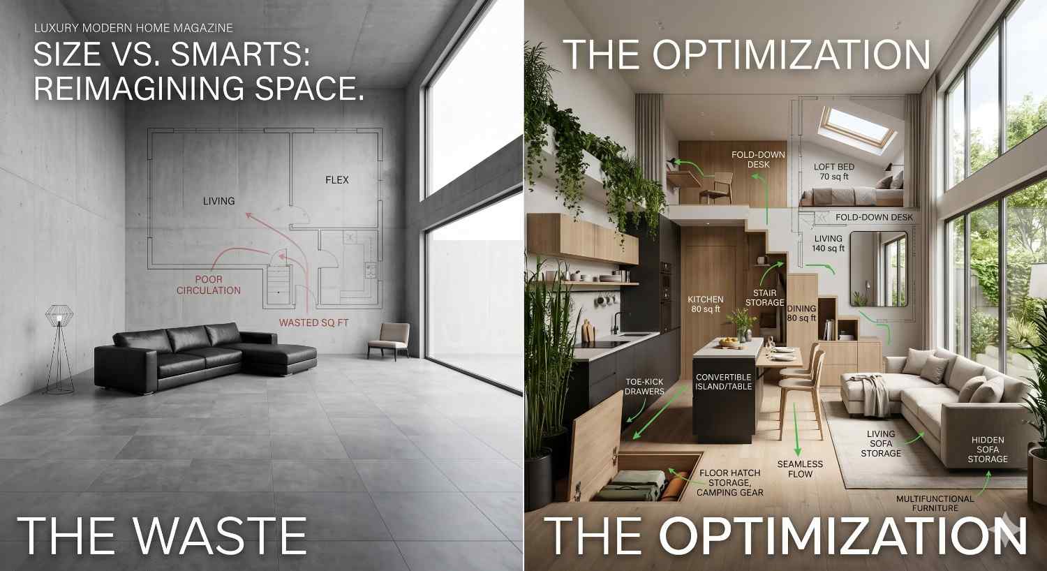 Split-screen comparison of home design efficiency: a sparse, oversized living space labeled “The Waste” beside a compact modern interior labeled “The Optimization,” showcasing smart storage, fold-down furniture, loft bed, and multifunctional living solutions for maximizing small-space functionality.
