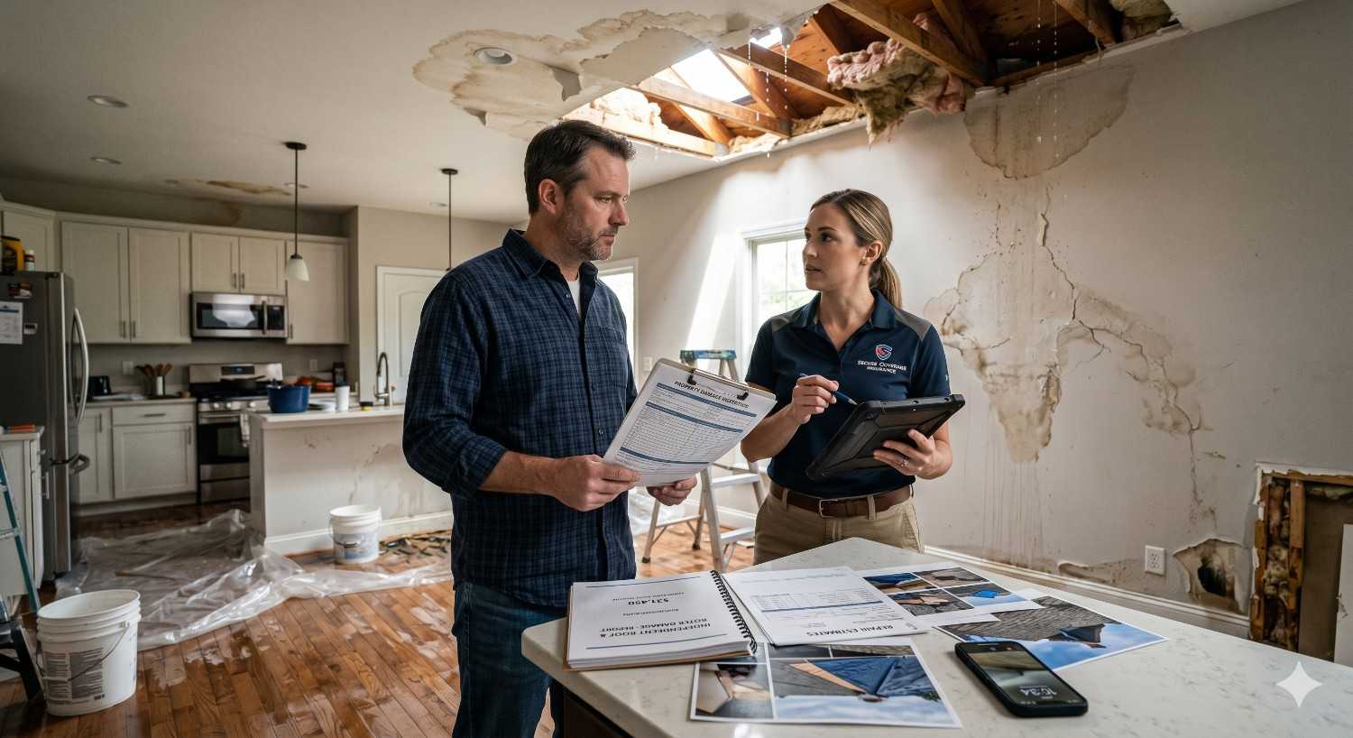 A homeowner reviews documents with a restoration specialist inside a water-damaged house featuring cracked walls, ceiling leaks, and exposed insulation, while repair estimates and inspection photos are spread across a kitchen counter.