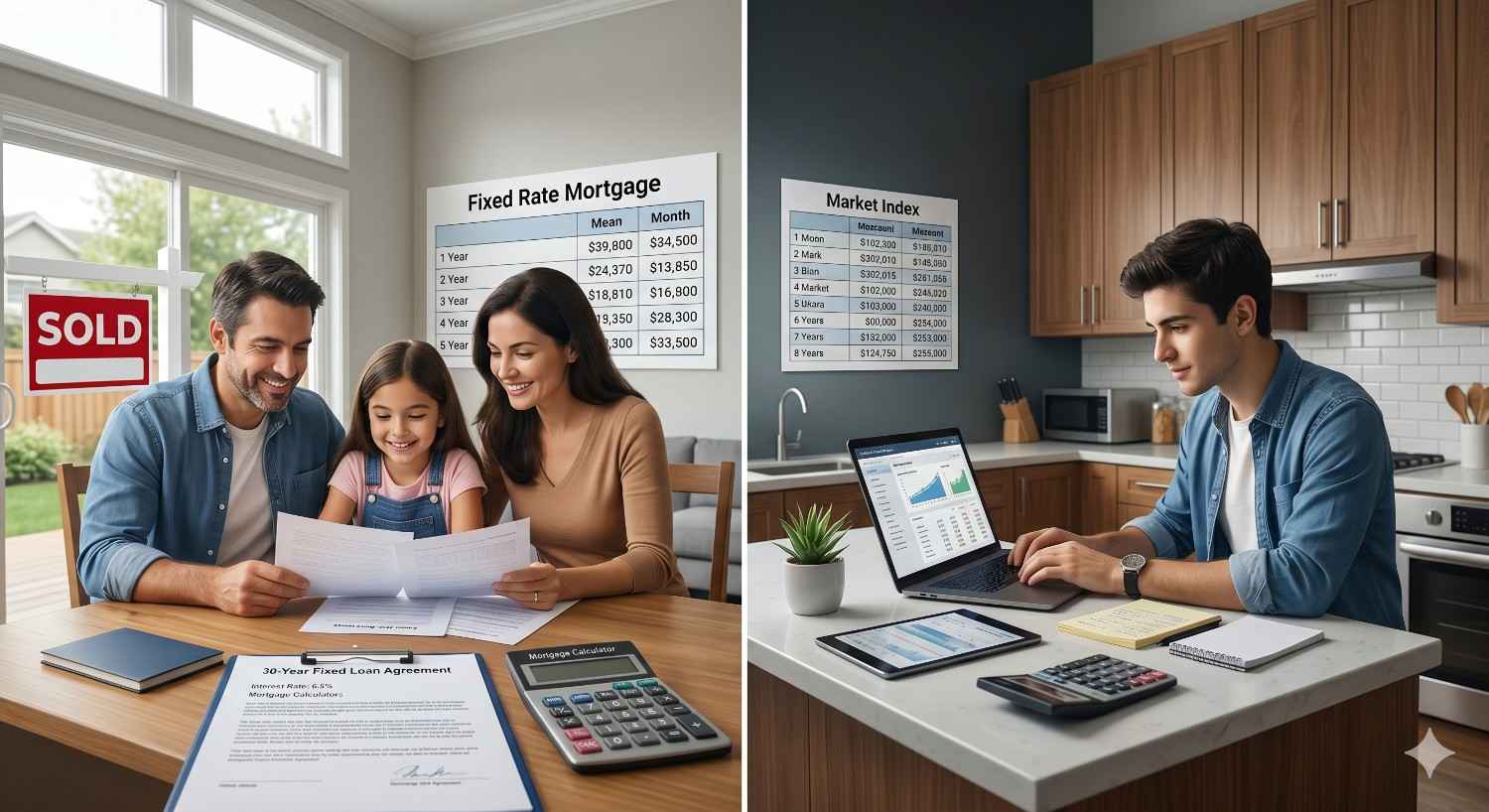 Split-screen image showing a family reviewing fixed-rate mortgage documents after buying a home, while a young man researches mortgage rates and market data on a laptop. Financial charts, calculators, and loan paperwork highlight home financing, mortgage planning, and real estate budgeting concepts.