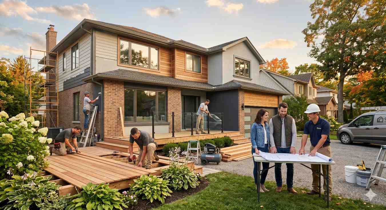 Contractors building a backyard deck while homeowners review plans with a project manager outside a modern suburban house. Construction tools, lumber, scaffolding, and landscaping are visible during an active home renovation project at sunset.