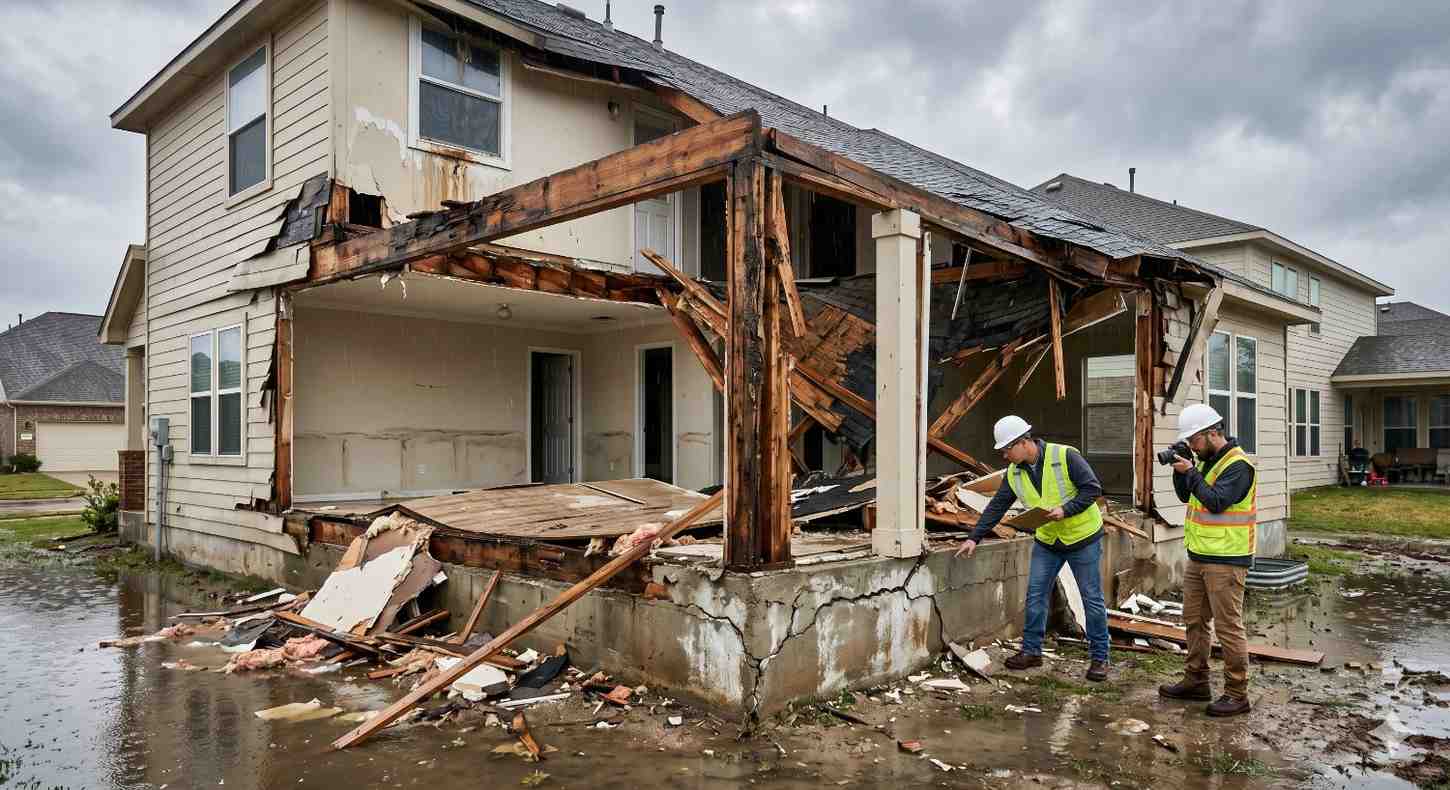 Storm-damaged residential home with severe structural failure, collapsed exterior walls, exposed framing, and extensive water damage after extreme weather event. Two inspectors wearing safety gear assess destruction, document findings, and examine foundation cracks amid debris and flooding. Scene highlights disaster recovery, structural assessment, insurance claims, emergency repairs, and property restoration services.