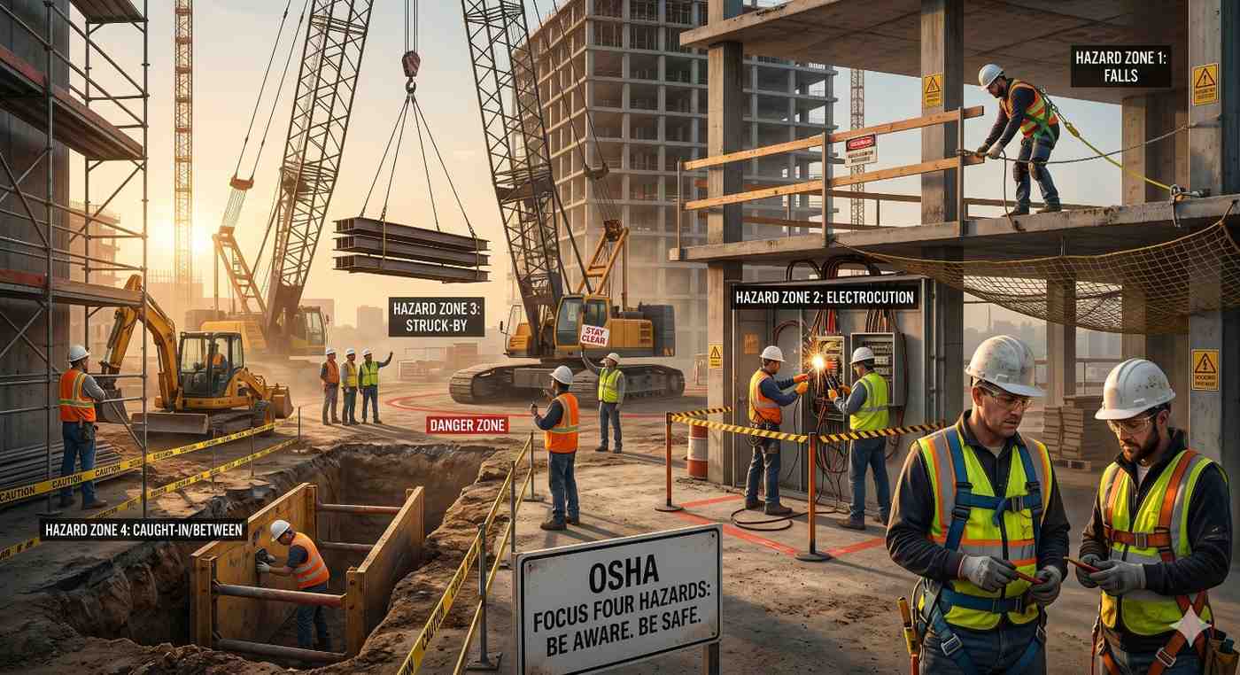 Construction site safety scene showing workers near fall, electrocution, struck-by, and caught-in-between hazards. OSHA warning signs, cranes, scaffolding, excavation trenches, and protective equipment highlight workplace safety risks on an active building project.