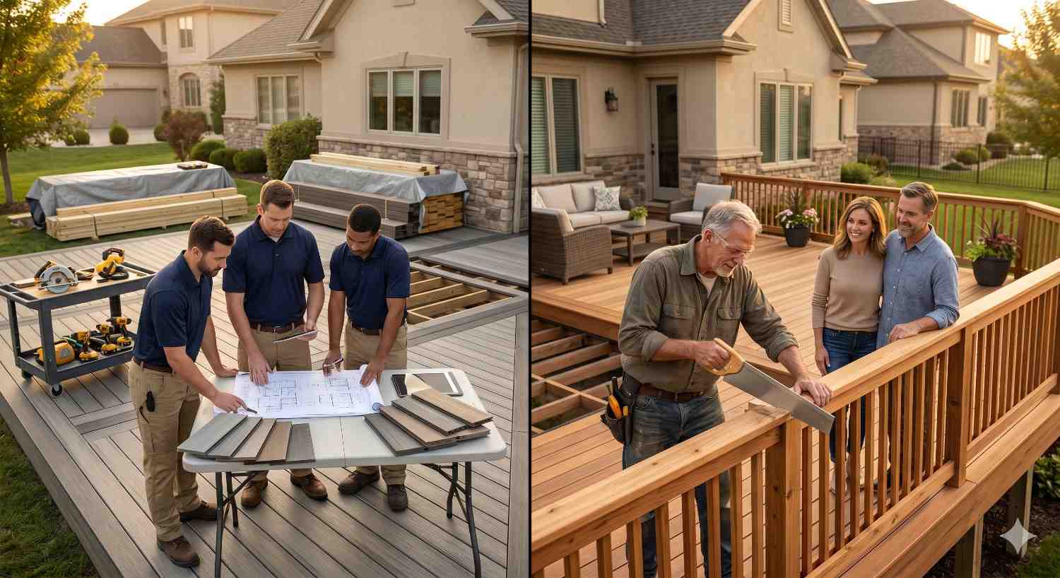 Split-screen image showing two stages of a residential deck project. On the left, contractors review deck plans, material samples, and construction details beside a partially built deck. On the right, a carpenter installs railing components while homeowners observe. The scene highlights deck design, planning, construction, craftsmanship, collaboration, and project completion.