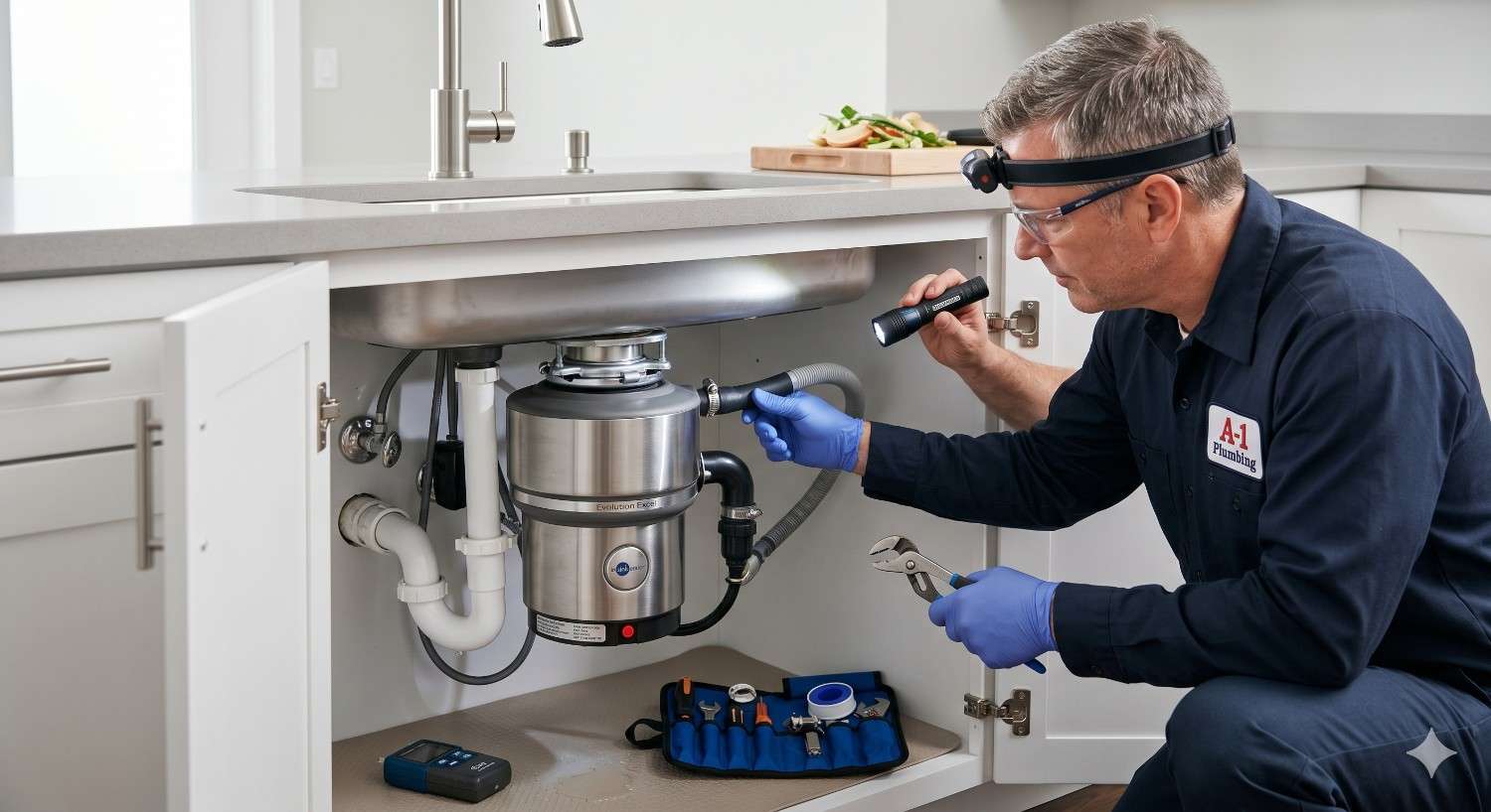 Professional plumber inspects and repairs a kitchen garbage disposal beneath a sink cabinet. Wearing safety glasses and gloves, the technician uses a flashlight and hand tools to examine plumbing connections, drainage components, and the disposal unit. Organized repair tools nearby highlight troubleshooting, maintenance, diagnostics, and residential plumbing service expertise.