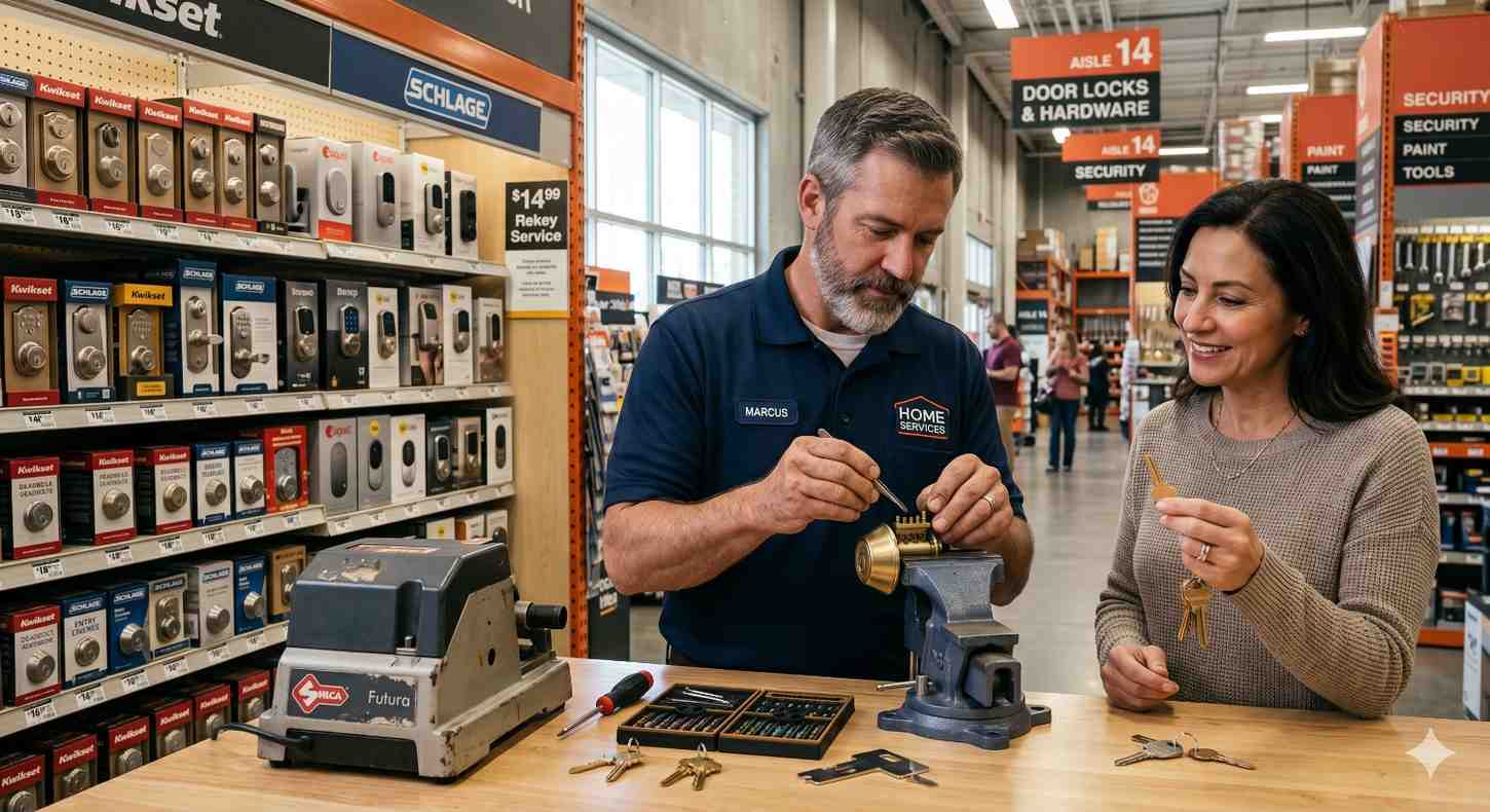 Locksmith demonstrates a lock rekeying service at a hardware store while a smiling customer holds keys nearby. Shelves of door locks and security products surround the work area, highlighting professional key and lock services.