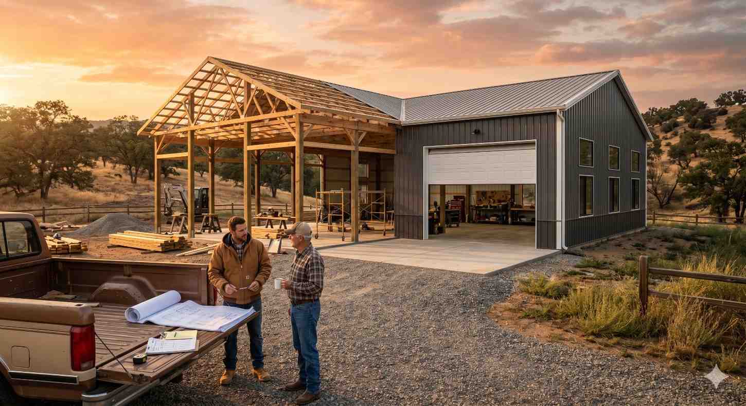 Two men discussing construction plans beside a pickup truck at a rural property with a partially built timber-frame barn and metal workshop. The scene features blueprints, tools, and an open garage under a warm sunset sky.
