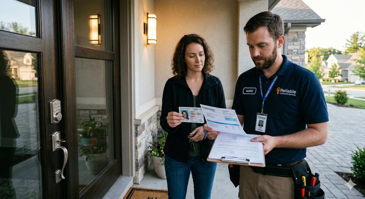 Homeowner verifies the identity of a residential service technician standing at the front door beside a smart keypad lock. Technician displays company credentials, identification badge, paperwork, and clipboard while discussing home services. Modern suburban entrance, exterior lighting, and secure access features highlight customer safety, trust, and professional in-home service verification procedures.