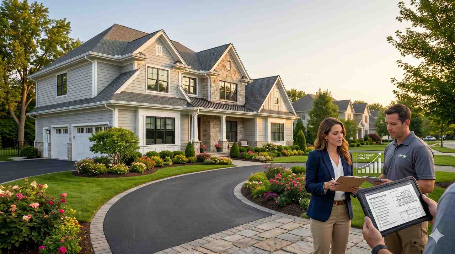 A homeowner and remodeling professional review renovation plans and home equity growth estimates in front of a beautifully updated luxury residence. The property features new siding, stone accents, manicured landscaping, and enhanced curb appeal. Digital plans and charts highlight project planning, investment returns, increased property value, and successful home improvements.