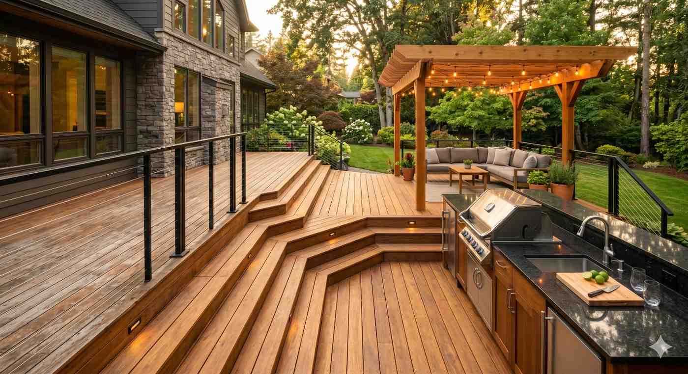 Luxury multi-level backyard deck featuring wide wooden steps, integrated lighting, cable railings, and a built-in outdoor kitchen with grill, sink, and granite countertops. A pergola-covered lounge area with comfortable seating overlooks landscaped gardens and mature trees, creating an elegant outdoor living and entertainment space for relaxation and gatherings.