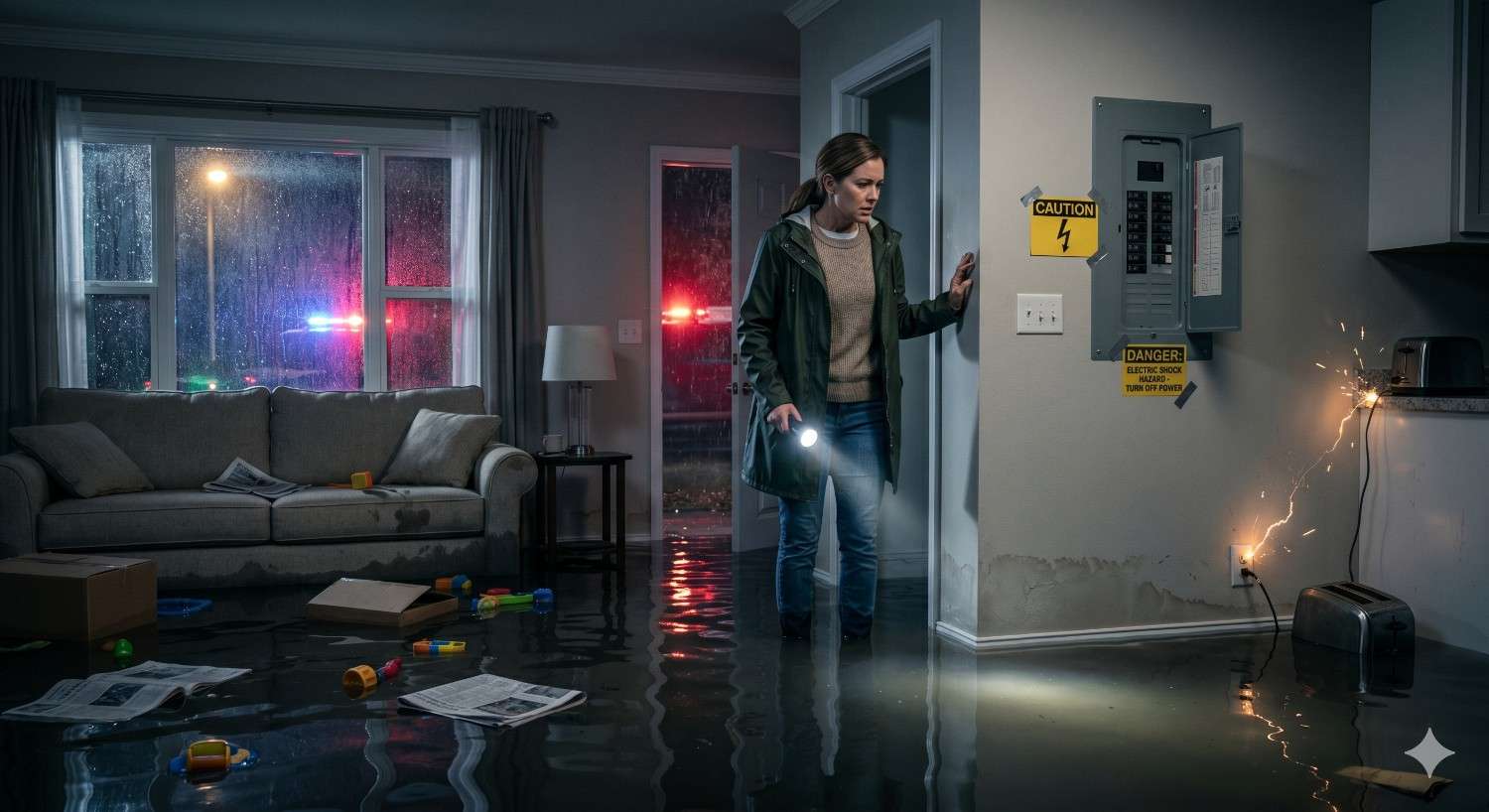 A woman stands in a flooded living room holding a flashlight near an electrical panel and sparking outlet. Rain and emergency lights are visible outside, while water covers the floor around furniture and scattered belongings, highlighting a dangerous flood-related electrical hazard.