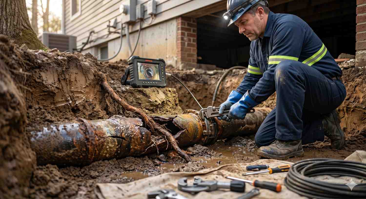 Technician performing sewer line repair in a trench, inspecting a broken pipe with camera while clearing tree root damage
