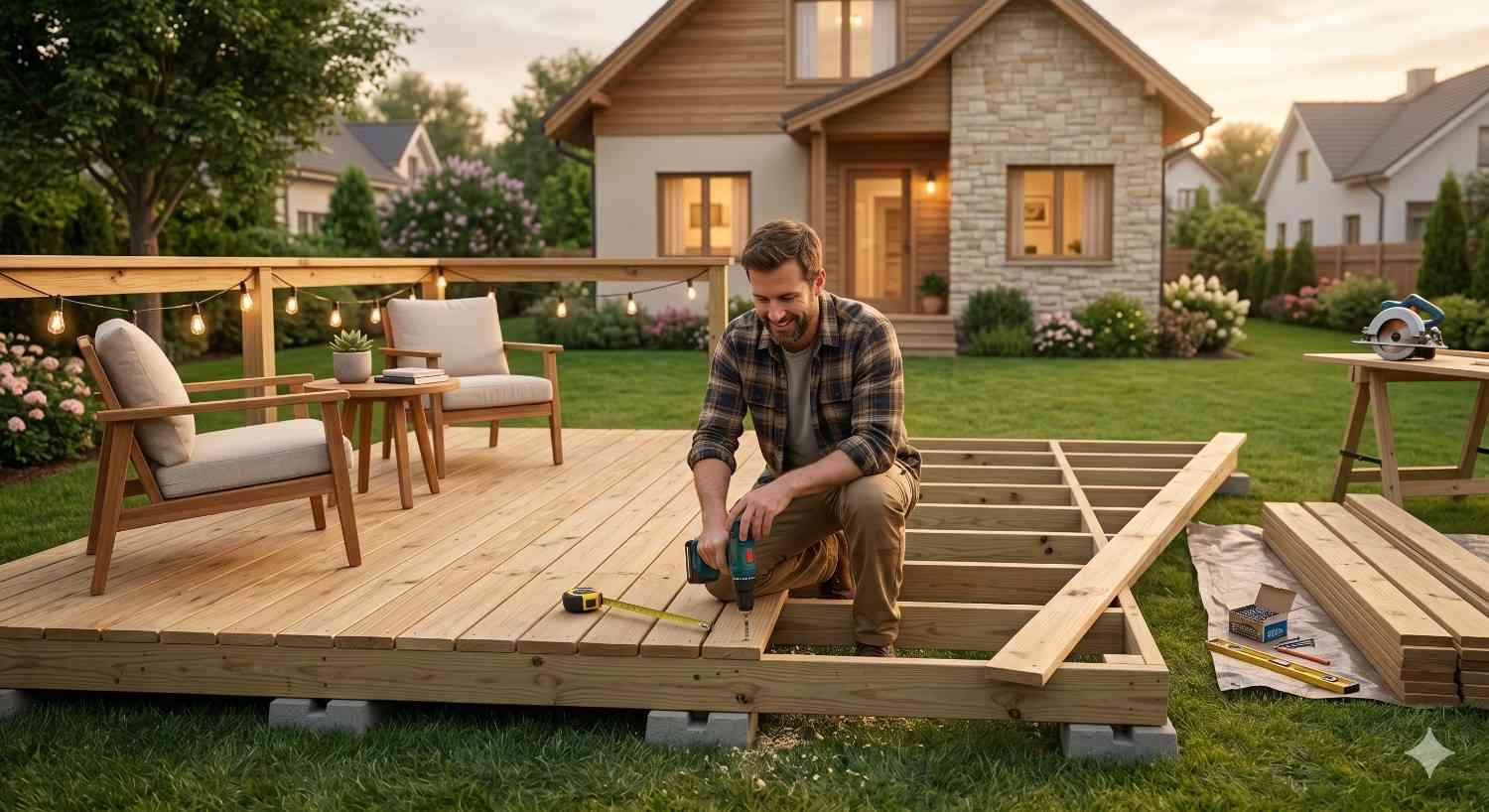 A homeowner builds a backyard wooden deck at sunset, using a power drill to install deck boards while outdoor seating, string lights, tools, and stacked lumber surround the partially completed structure near a suburban home.