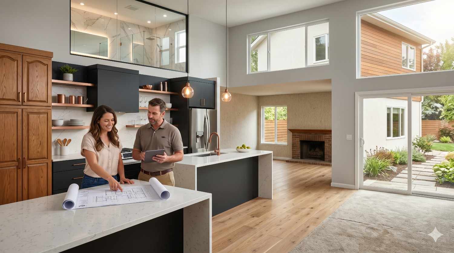 Couple reviewing renovation blueprints in a bright modern open-concept home with updated kitchen, large windows, hardwood floors, and contemporary finishes. The remodeled interior features spacious living areas, modern cabinetry, and access to a landscaped backyard patio.