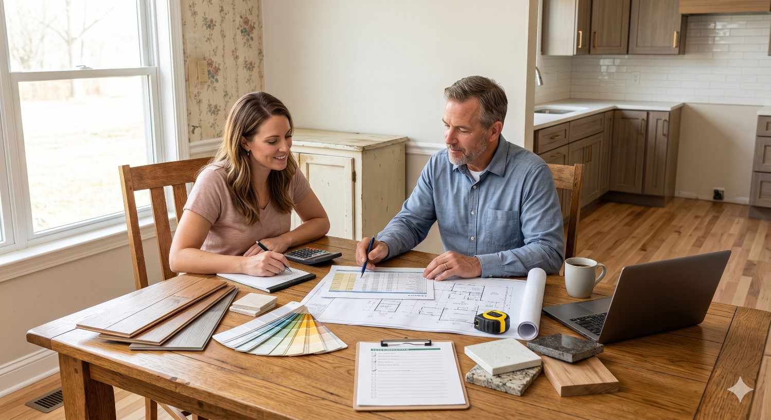 Homeowners review renovation plans and material selections at a dining table inside a home. Flooring samples, countertop pieces, blueprints, a calculator, laptop, and measuring tools are spread across the table. The couple discusses project costs, design options, and remodeling details for a kitchen and interior home improvement project.