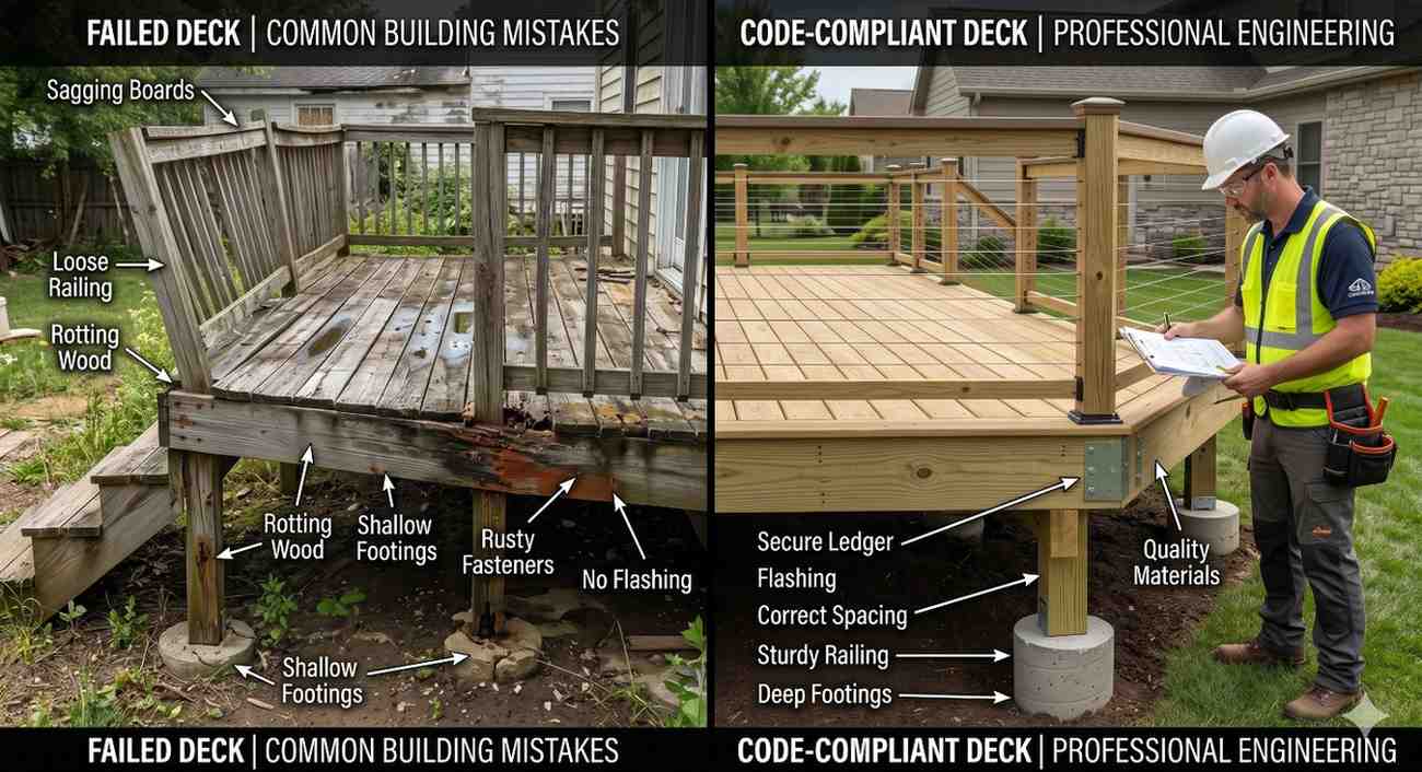 Side-by-side comparison of an unsafe, deteriorated deck and a professionally built code-compliant deck. The failed deck shows sagging boards, loose railings, rotting wood, shallow footings, rusted fasteners, and missing flashing. The compliant deck features secure framing, proper footings, quality materials, correct spacing, sturdy railings, and professional inspection.