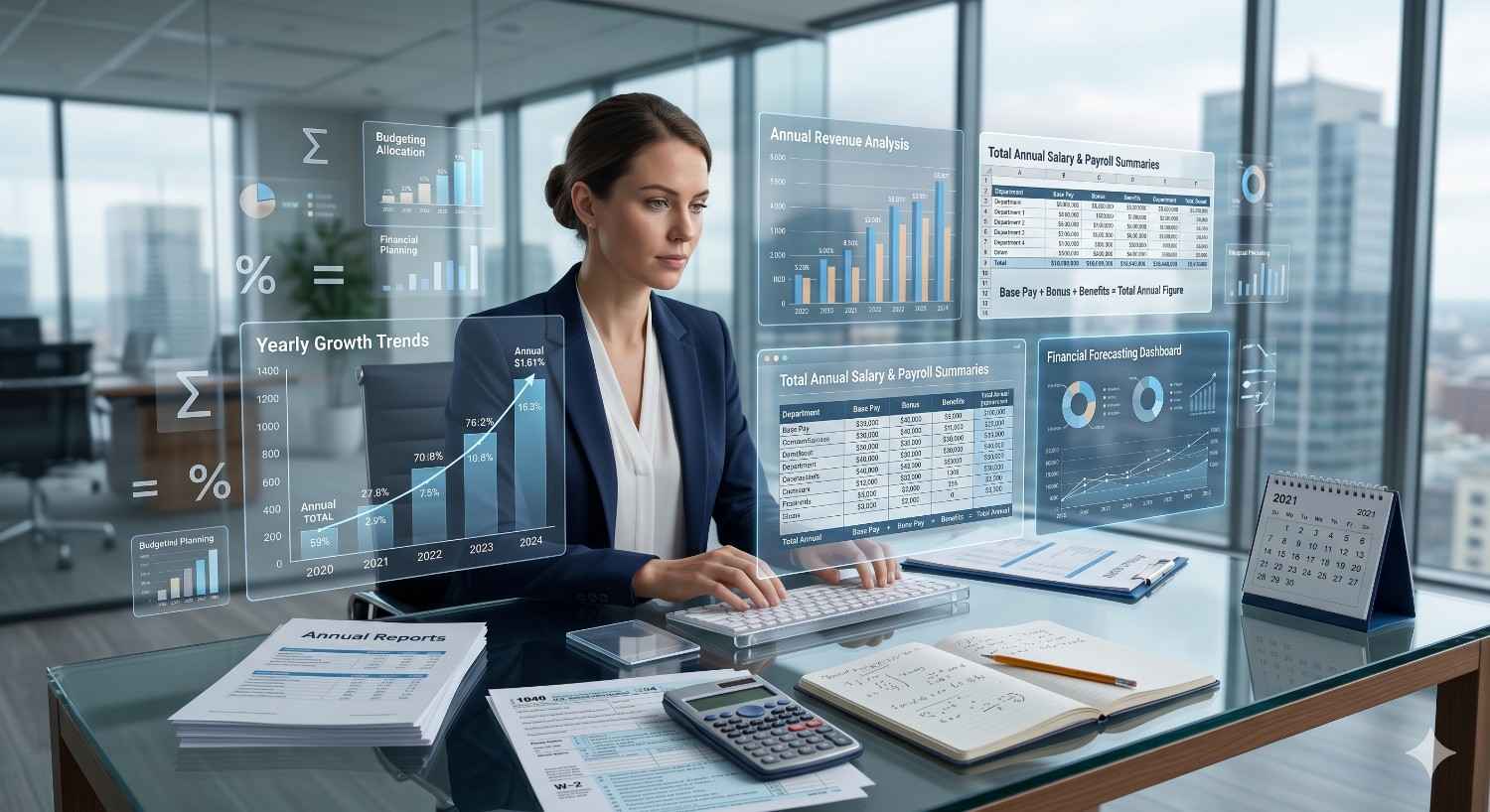 Business professional analyzes financial reports and budgeting data at a modern office desk. Digital dashboards display revenue trends, payroll summaries, forecasting charts, and annual growth metrics beside accounting documents and a calculator.