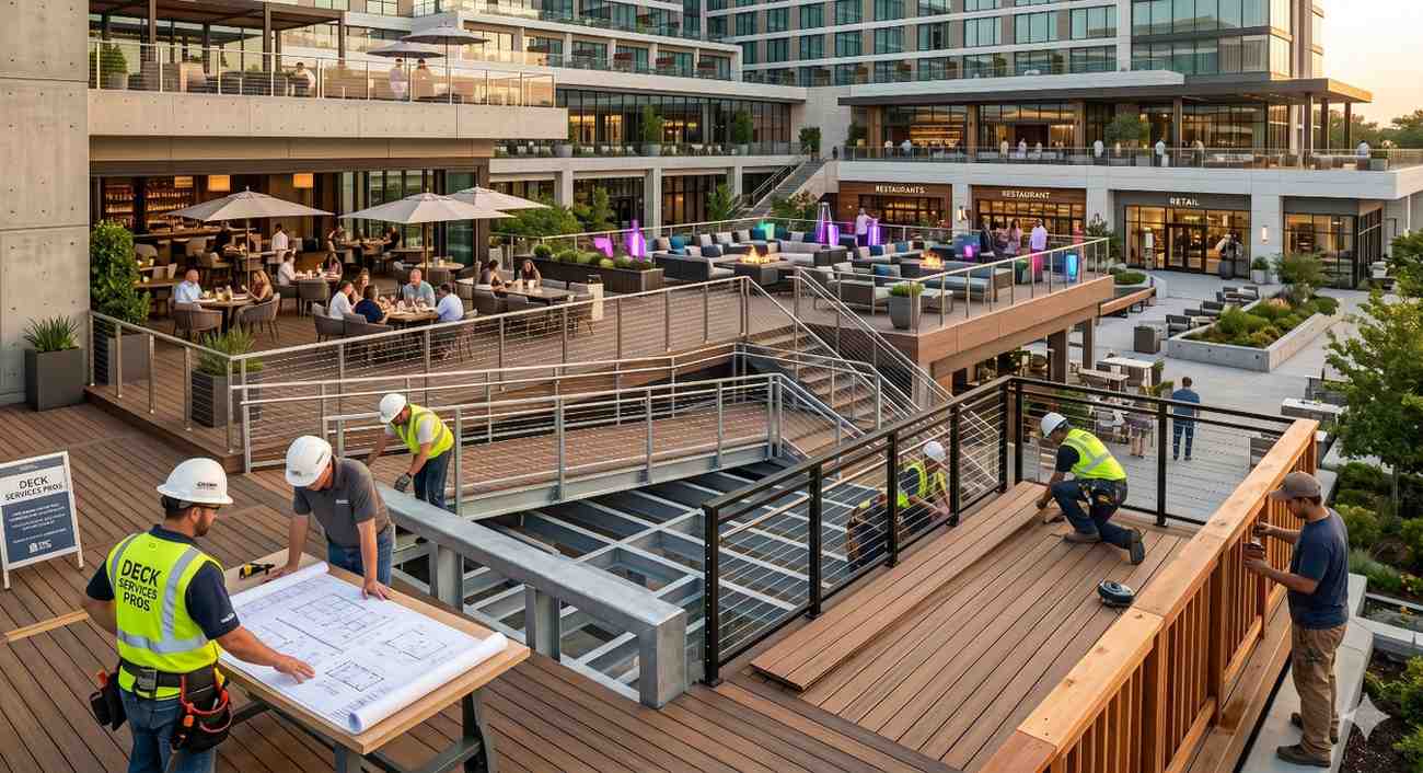 Construction crews install and finish a large multi-level commercial deck at a modern mixed-use development. Workers review blueprints, secure railings, and lay decking materials while restaurants, retail spaces, and outdoor seating areas operate nearby. The image highlights professional deck construction, project planning, craftsmanship, and vibrant urban outdoor gathering spaces.