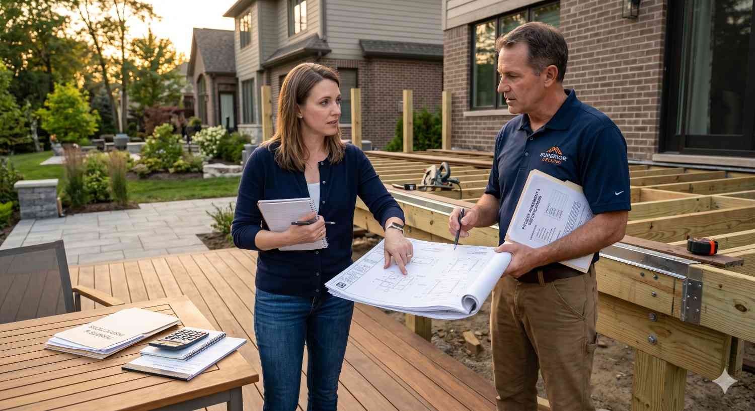Homeowner and deck contractor reviewing construction plans beside a partially built backyard deck. The scene shows outdoor renovation work in progress with wooden framing, tools, paperwork, and landscaped suburban homes during evening light.