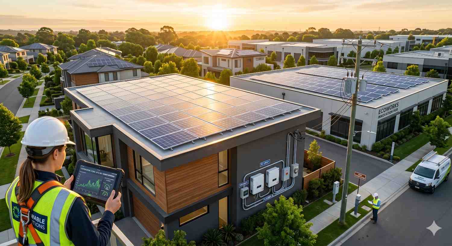 Technicians installing solar panels on a residential rooftop, securing mounting rails and wiring during a professional solar panel installation project