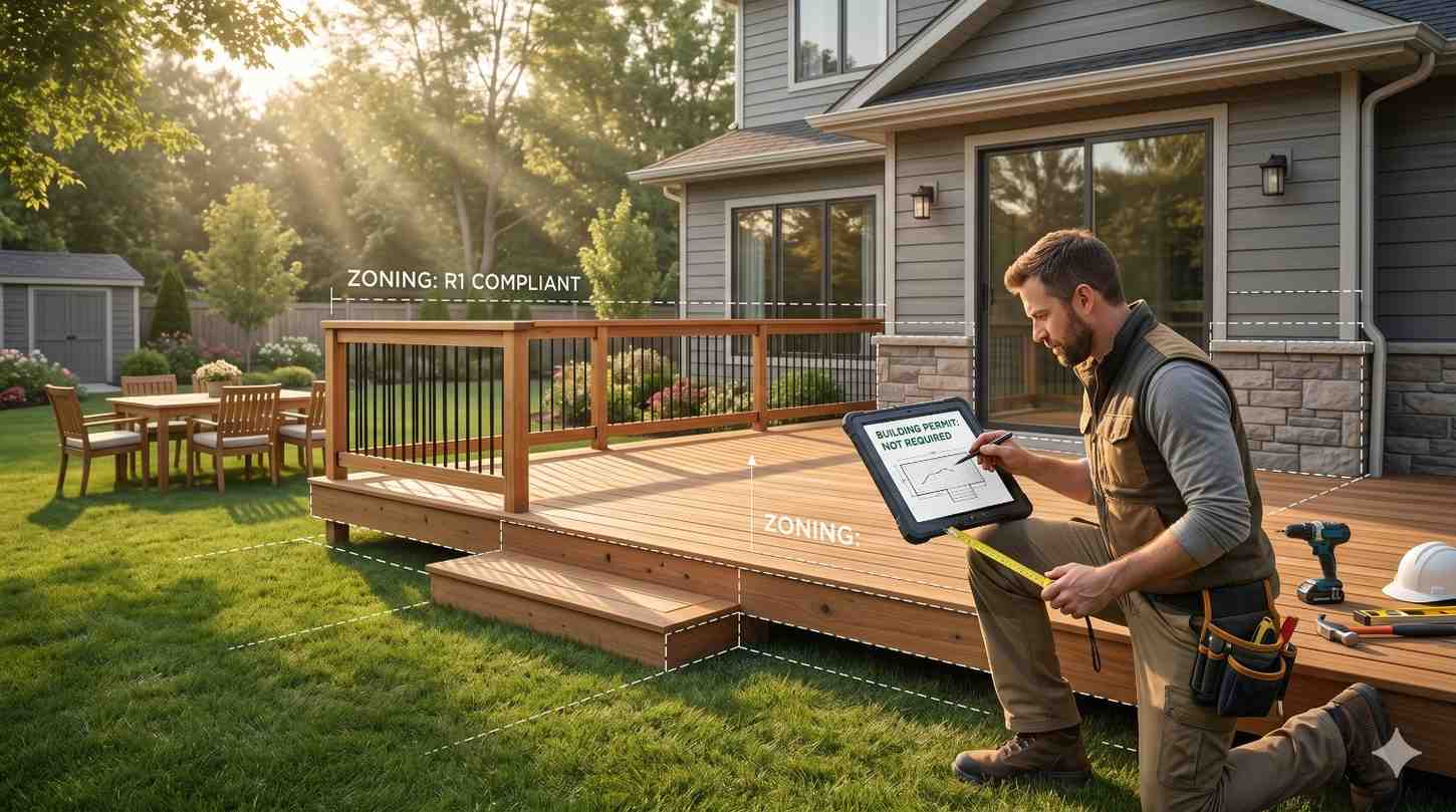 A contractor inspects a backyard deck while reviewing zoning and building permit information on a tablet. Measurement lines and compliance labels overlay the image, highlighting residential deck construction, property regulations, and code requirements near a suburban home.