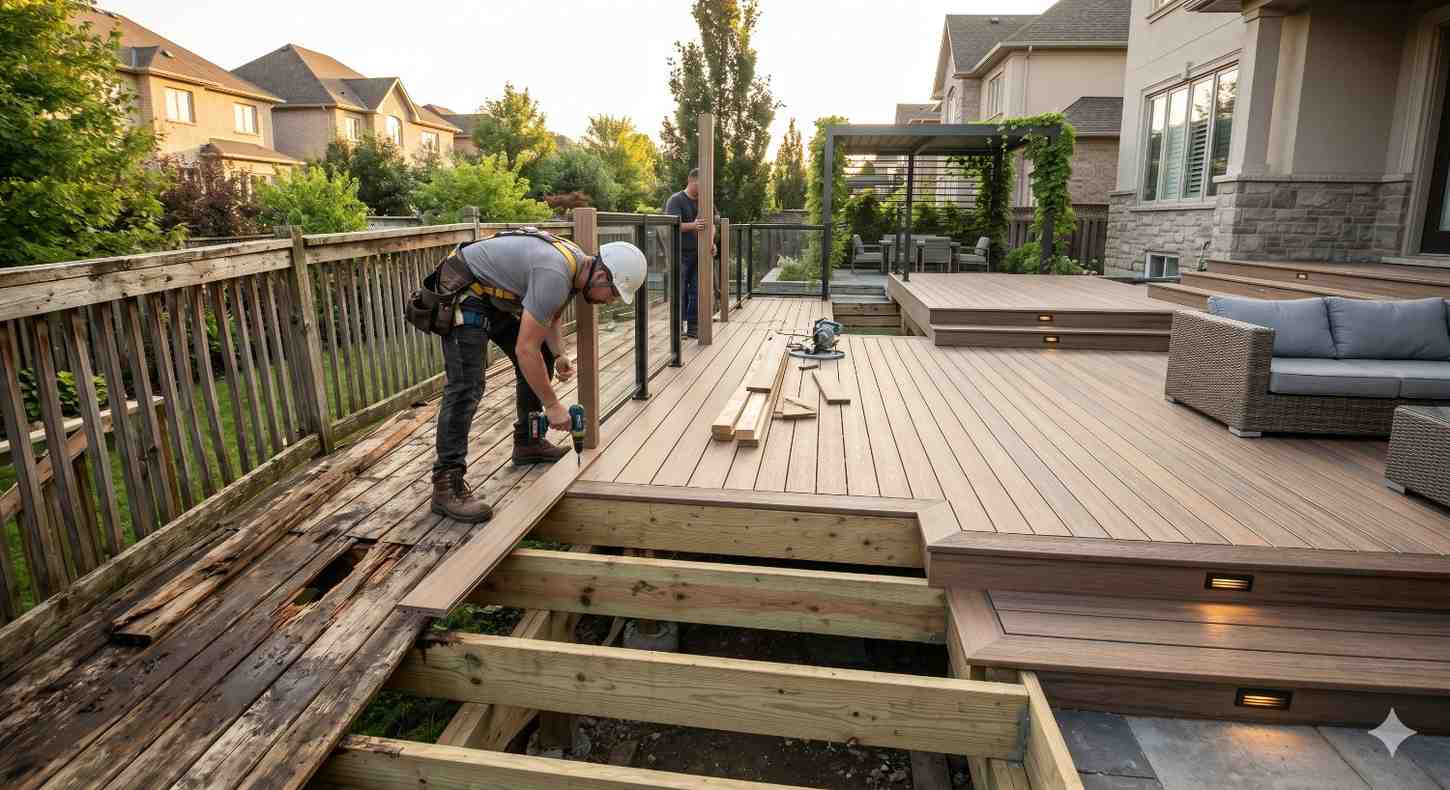 Contractor installs new composite decking and railing posts during a backyard deck renovation, replacing deteriorated wooden boards with a modern multi-level outdoor living space. Integrated stair lighting, pergola seating, and contemporary patio furniture highlight the upgraded design. Construction tools, exposed framing, and unfinished sections showcase the active deck rebuilding and exterior remodeling process.