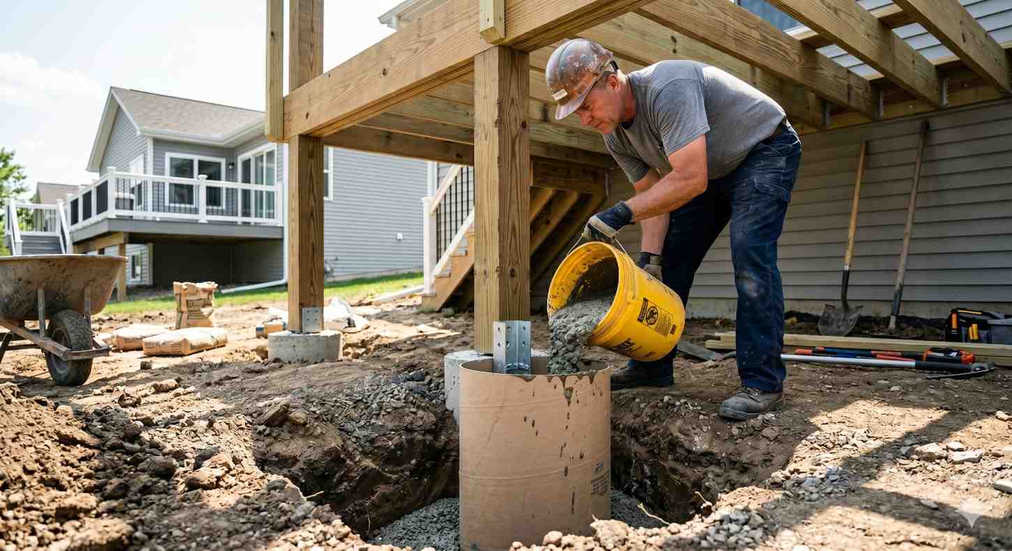 Contractor installs a deck support footing beneath an elevated backyard deck. Wearing a hard hat and gloves, he pours concrete into a cylindrical footing form around a metal post anchor. Excavated soil, gravel base, tools, and structural supports are visible, highlighting foundation preparation, stability, and professional deck construction practices.