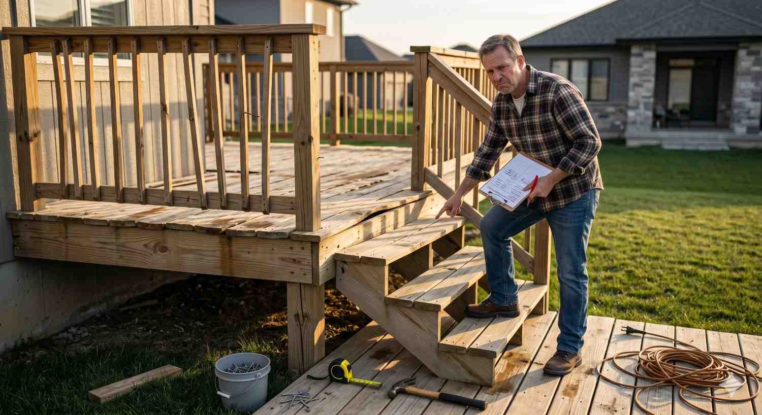 Homeowner inspects a newly built wooden deck and staircase, pointing out uneven or warped boards while holding a checklist. Construction tools, loose screws, and materials are scattered around the backyard project site.