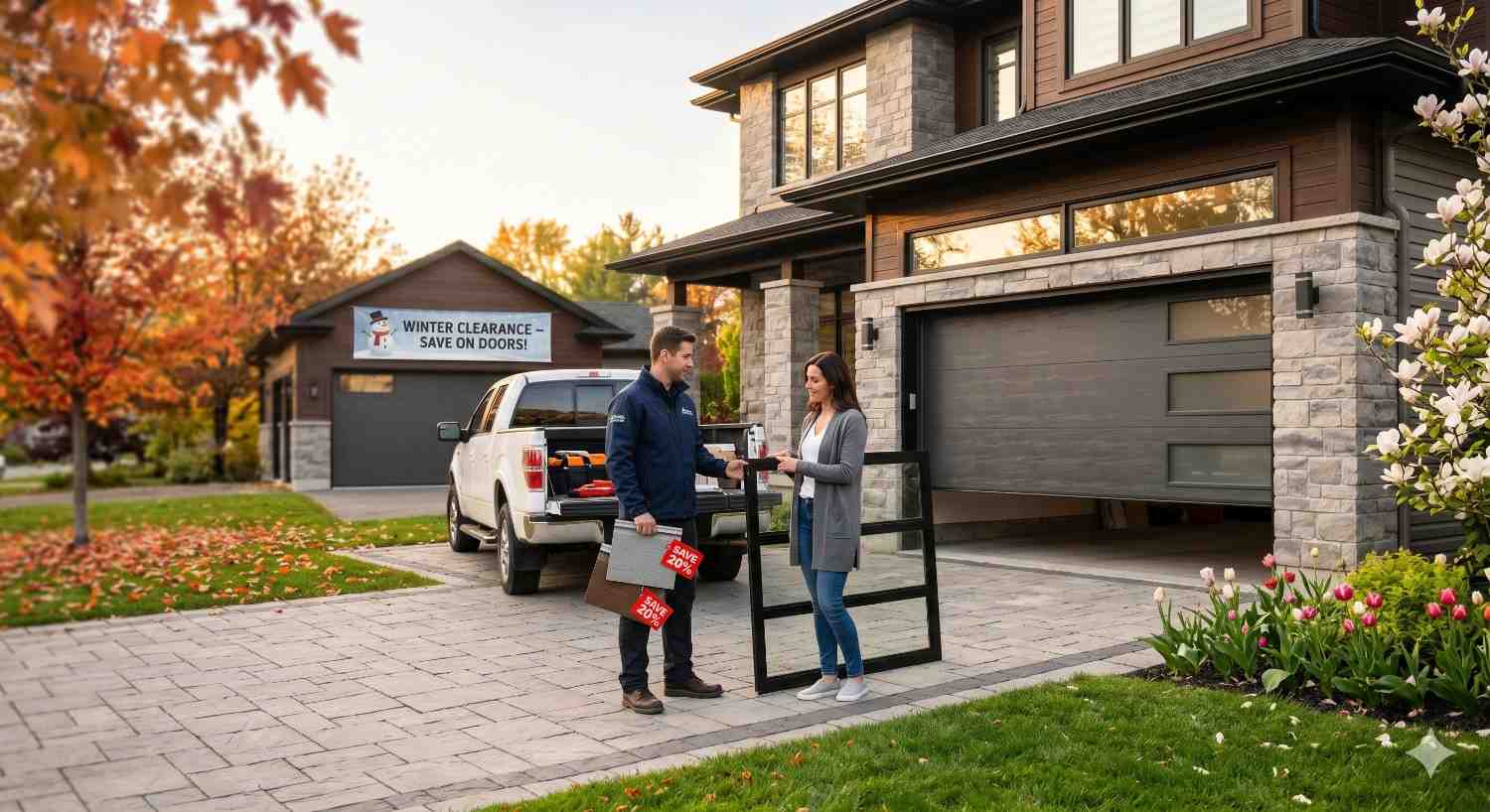 A garage door salesperson shows replacement door panels to a homeowner outside a modern house during a seasonal sale event, with a pickup truck, landscaped yard, and contemporary garage doors visible at sunset.