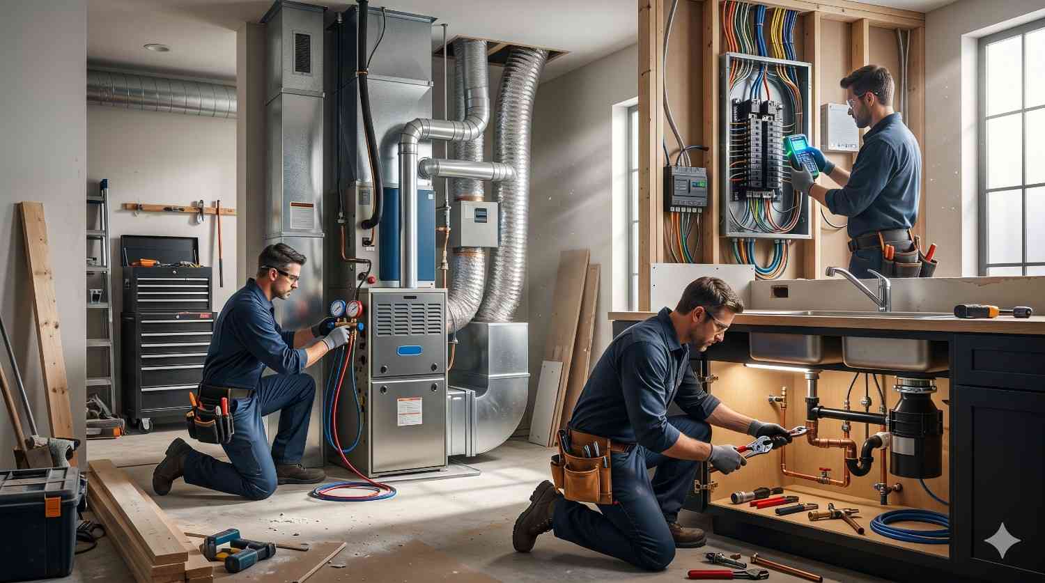 Three technicians work inside a home on HVAC, plumbing, and electrical systems. One services a furnace, another repairs pipes beneath a sink, and a third tests an electrical panel using diagnostic equipment.