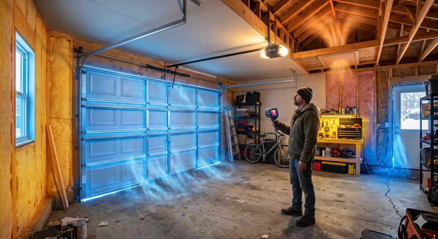 A homeowner uses a thermal imaging device inside a garage to inspect heat loss around a closed garage door, revealing air leaks and poor insulation in the unfinished space during winter conditions.