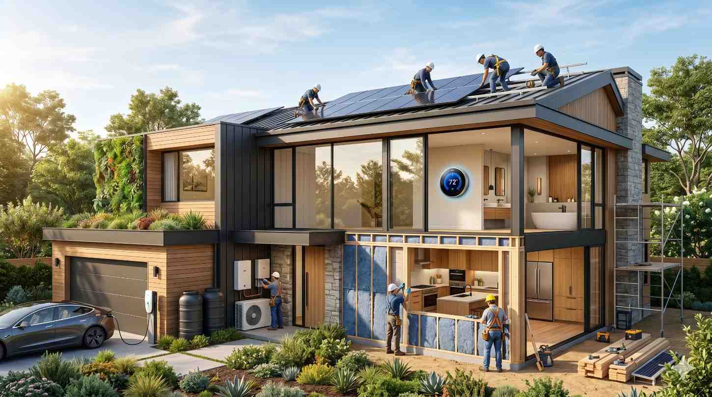 Modern sustainable home under construction featuring rooftop solar panel installation, smart thermostat technology, green roof landscaping, electric vehicle charging, rainwater collection, and energy-efficient insulation. Construction workers install renewable energy systems and exterior materials on a contemporary two-story house with large glass windows, eco-friendly design, and integrated HVAC and battery storage solutions.