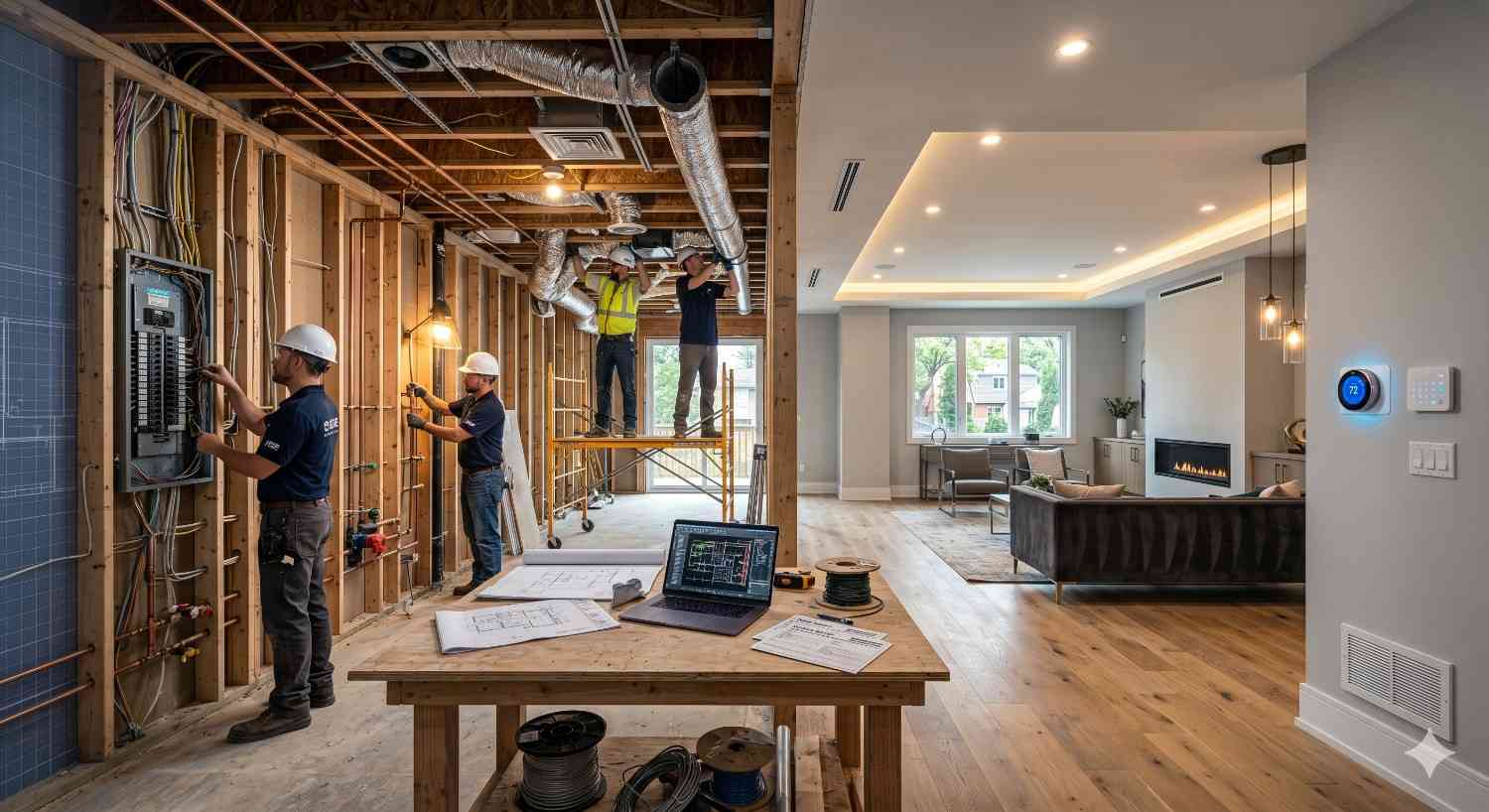 Residential smart home renovation split-view showing active electrical, plumbing, and HVAC installation beside completed modern living space. Contractors work on exposed framing, ductwork, and electrical panel while finished interior features recessed lighting, hardwood flooring, fireplace, and smart thermostat controls. Construction plans, laptop diagnostics, and integrated automation systems highlight contemporary whole-home remodeling project.