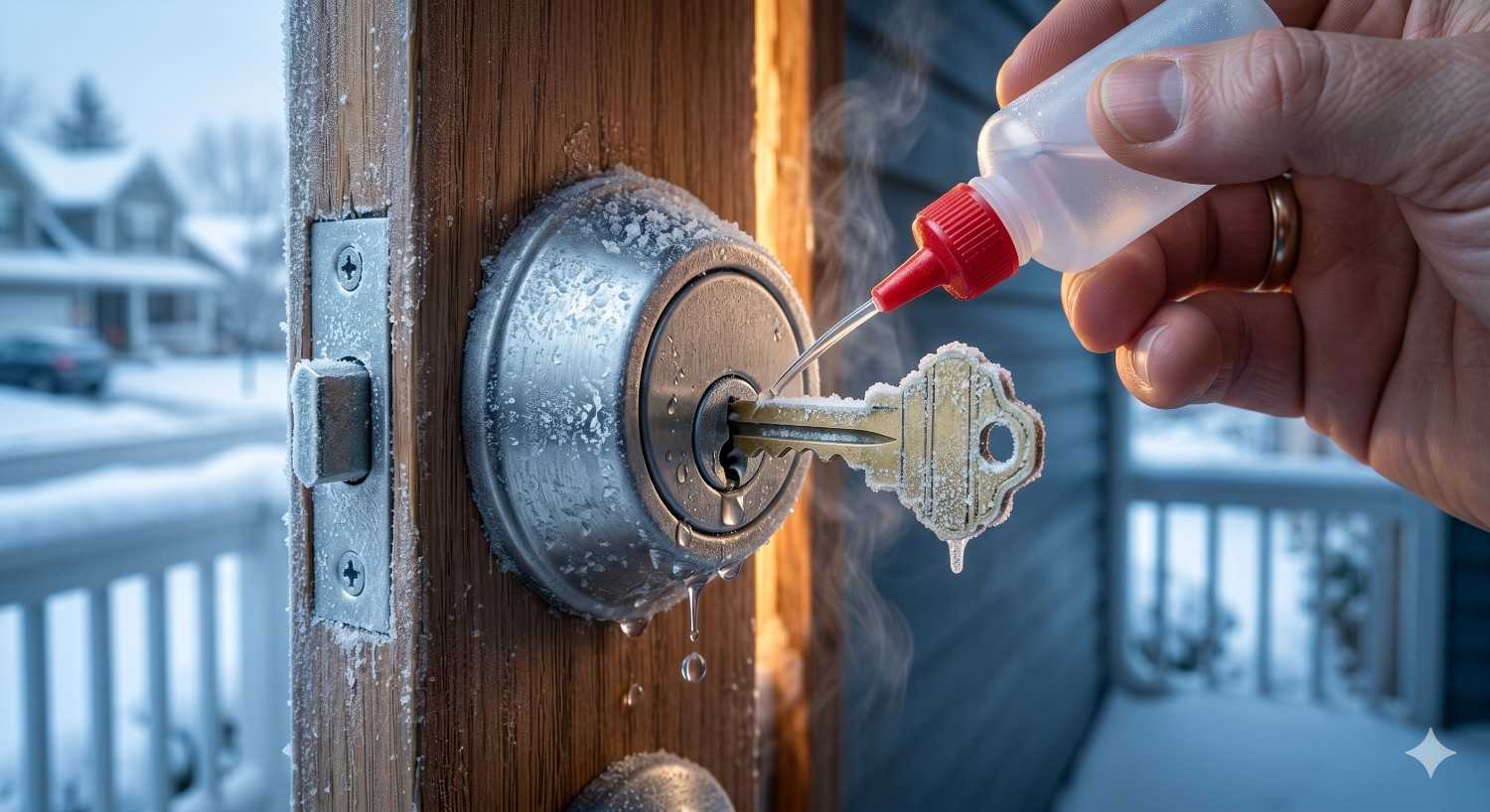 Close-up of a frozen door lock and icy key during winter as a hand applies de-icing solution. Frost, ice buildup, and a snowy background highlight a practical solution for unlocking a frozen exterior door in cold weather.