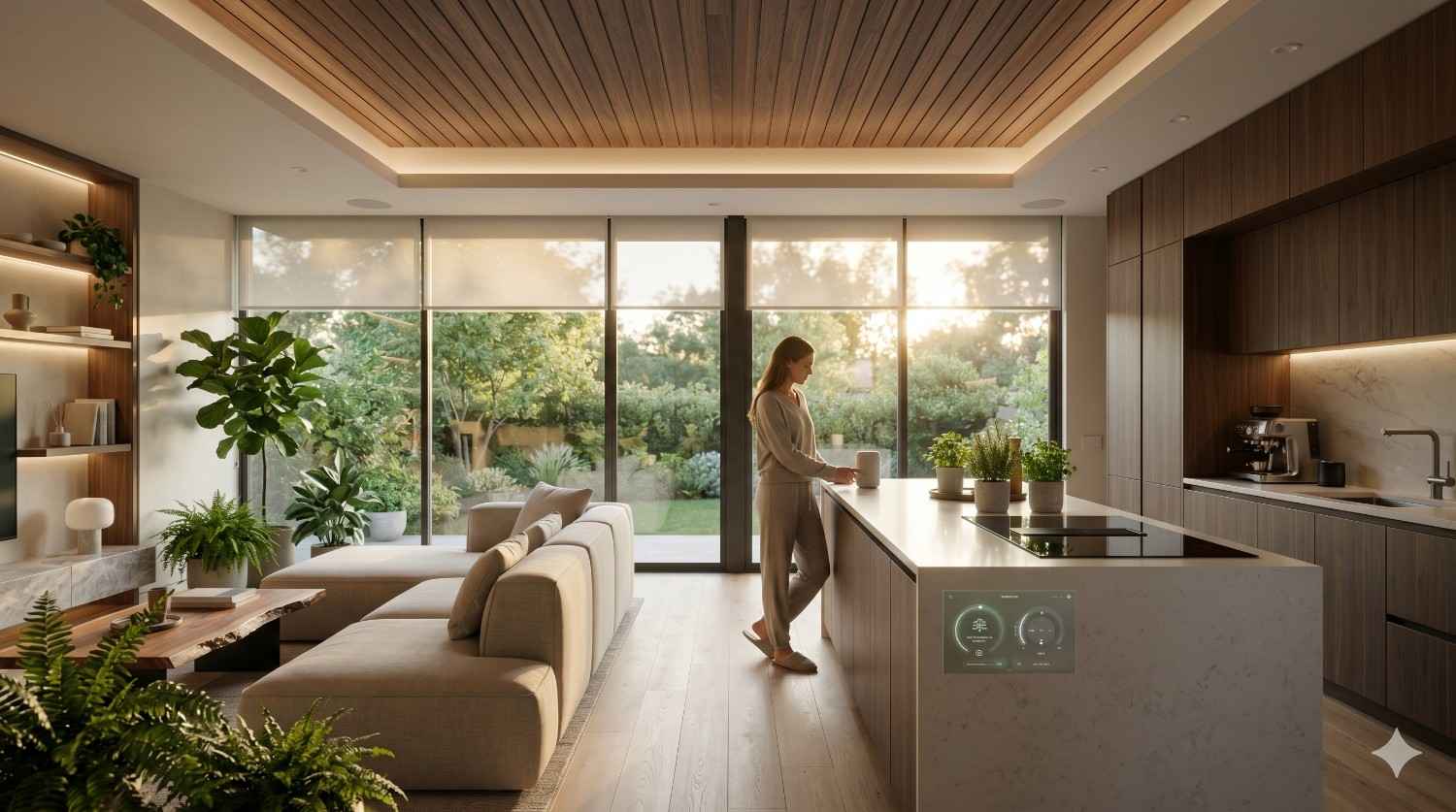 Modern open-concept living space featuring a sleek kitchen, minimalist furniture, warm wood finishes, and expansive floor-to-ceiling windows overlooking a landscaped garden. A woman stands at the kitchen island in soft evening light, while integrated smart home controls and indoor plants create a calm, luxurious, and contemporary residential atmosphere with natural elegance.