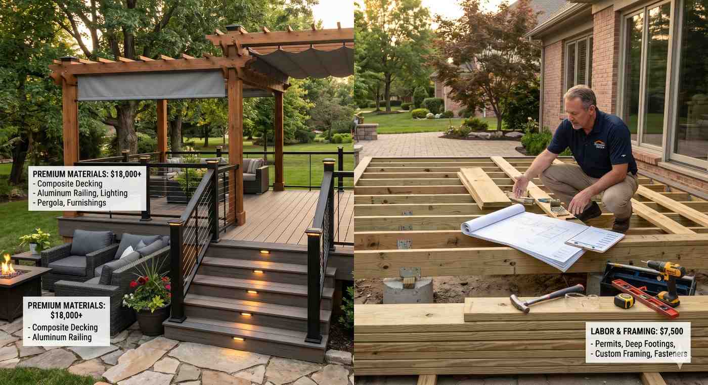 Split-screen comparison showing premium composite deck construction beside exposed wood framing during installation. Finished side features aluminum railings, pergola shade structure, integrated stair lighting, and outdoor seating area. Contractor reviews blueprints and materials on unfinished framing section. Overlay graphics compare premium material costs, labor expenses, permits, custom framing, and high-end outdoor living upgrades.