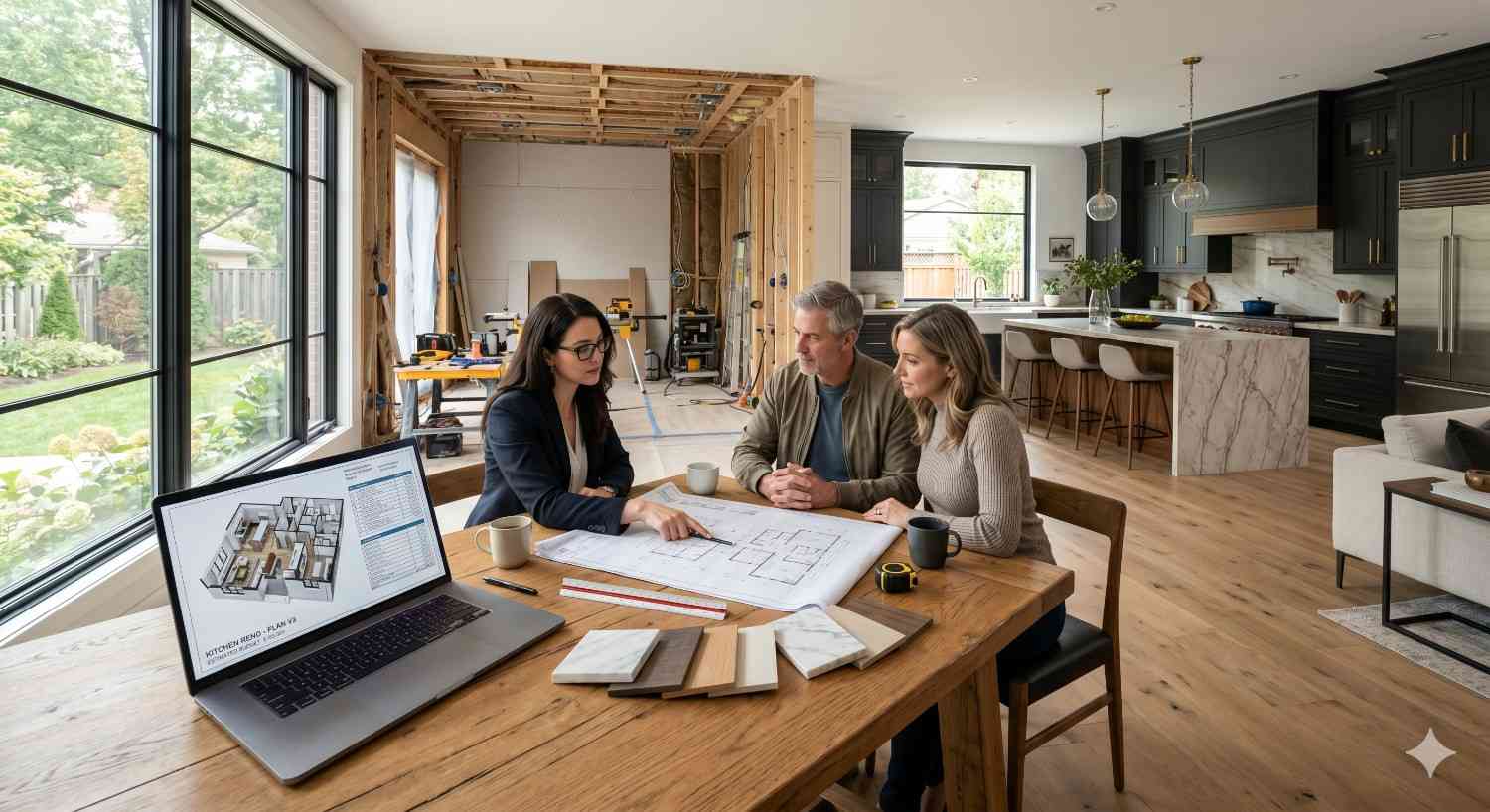 Homeowners meeting with interior designer or contractor at wooden dining table inside partially renovated luxury kitchen. Open wall framing and construction tools contrast with finished modern cabinetry, marble island, and hardwood flooring. Laptop displaying floor plans, material samples, blueprints, and collaborative discussion highlight custom home remodeling planning and residential renovation design process.