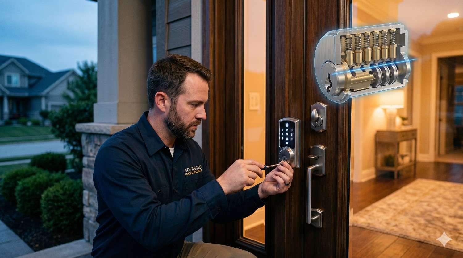 Professional locksmith installs or repairs a modern smart lock with keypad entry on a residential front door at dusk. A transparent cutaway graphic illustrates the internal lock cylinder mechanism and security pins. Warm indoor lighting, suburban neighborhood background, and advanced locking hardware emphasize home security technology, expert locksmith services, and secure keyless access systems.