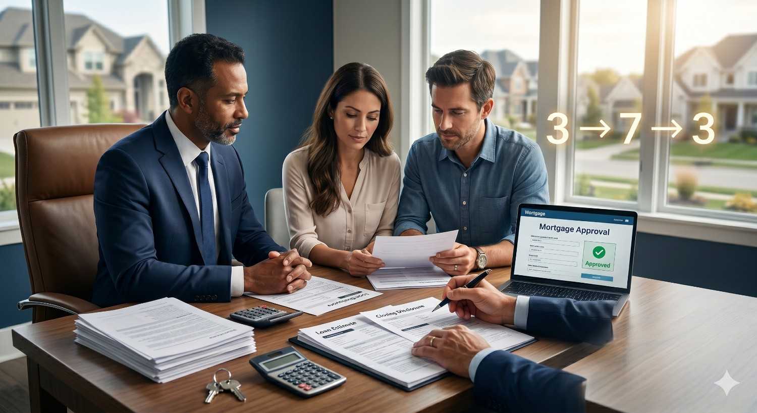 A couple meets with mortgage professionals at an office desk reviewing loan documents and approval paperwork. A laptop displays a mortgage approval screen, while calculators, keys, and financial forms highlight the home financing and underwriting process.