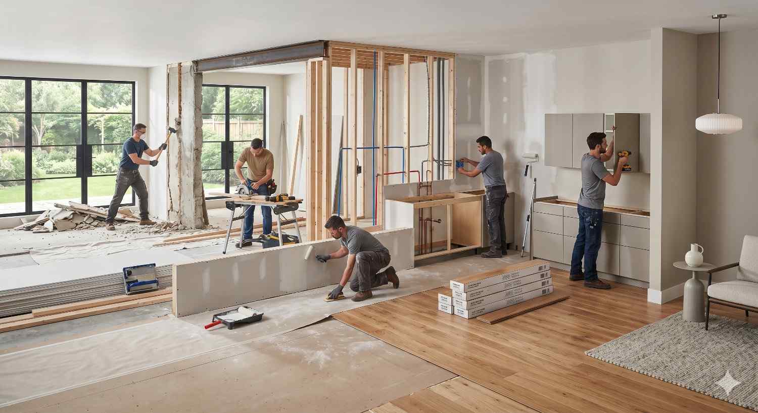 Construction workers renovate an open-concept home interior, installing drywall, framing, plumbing, and kitchen cabinetry. Tools, flooring materials, and unfinished walls surround the workspace as the remodeling project progresses.
