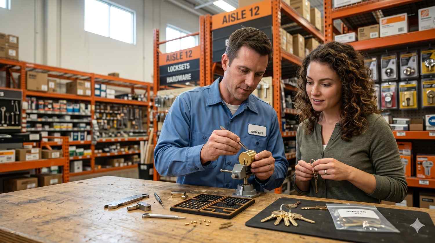 Store employee demonstrates lock rekeying at a hardware workbench while a customer watches and holds keys. Tools, lock components, and key pins are arranged on the table, with shelves of hardware supplies visible in the background.