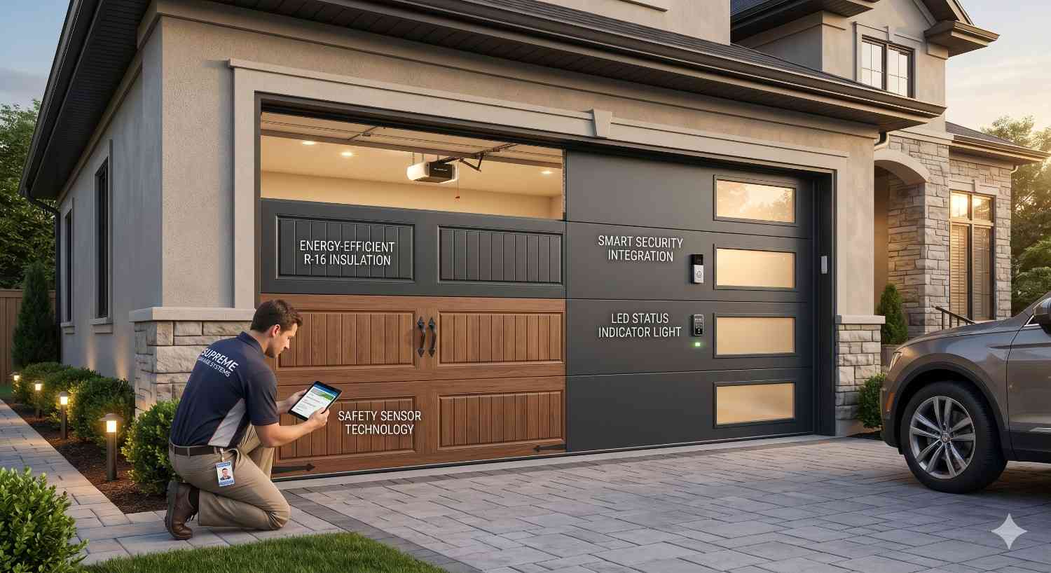 A technician programs a modern garage door system outside a luxury home. The insulated smart garage door features security integration, safety sensors, LED status lighting, and contemporary wood-and-glass panel design.