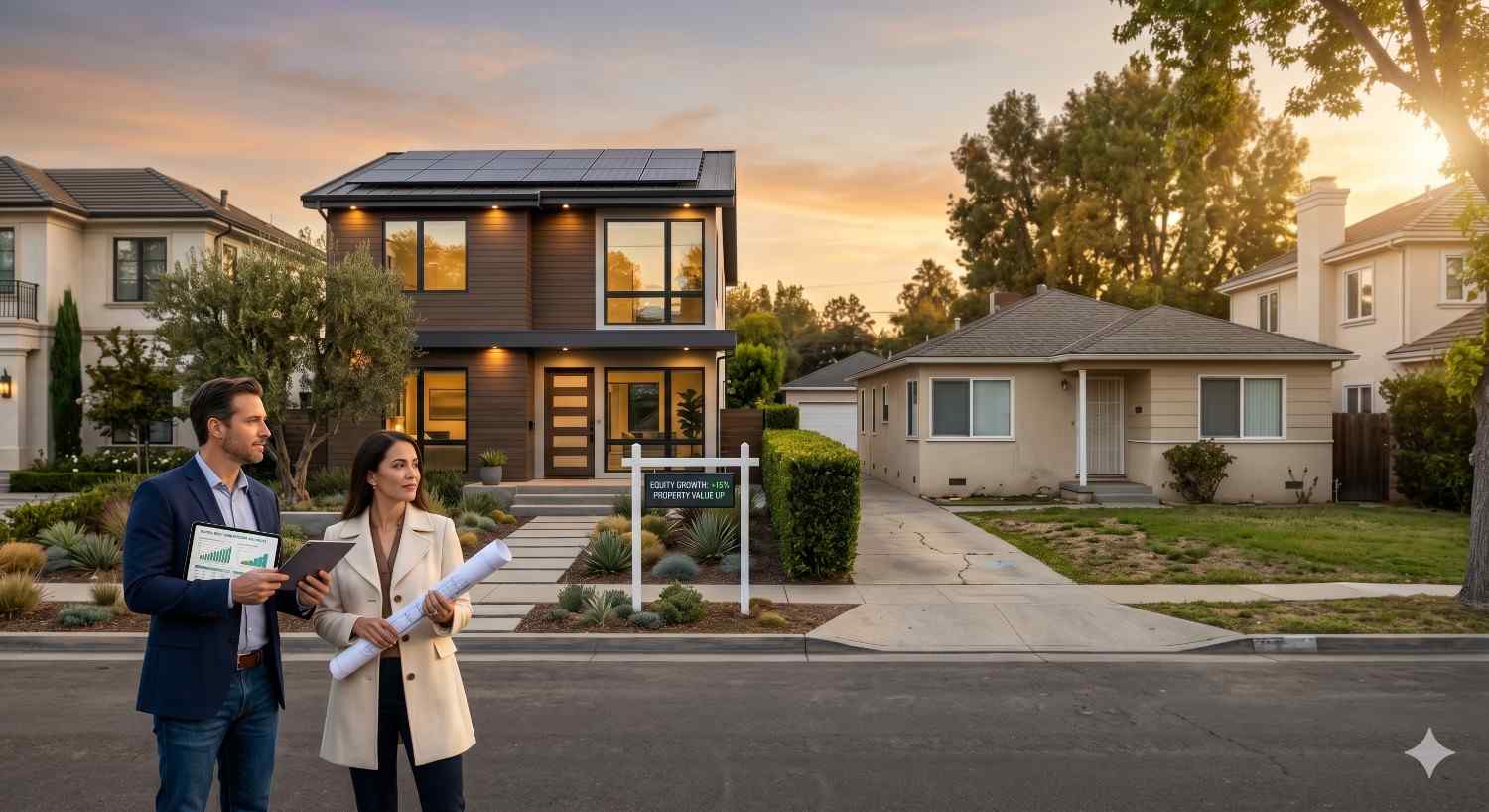 Two real estate professionals stand in front of neighboring homes, comparing a modern luxury property with a smaller older house at sunset. One home features solar panels and contemporary architecture, while the other appears modest and dated. Documents, charts, and a property value sign suggest discussion of home appraisal, redevelopment, or neighborhood real estate trends.