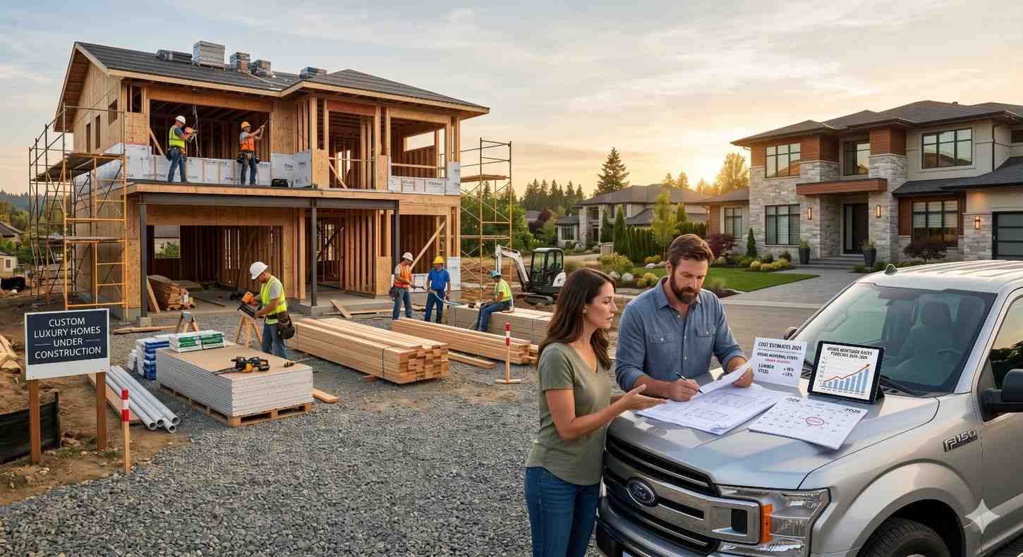 Workers build a custom luxury home at a residential construction site while a couple reviews plans and budget documents beside a pickup truck, with framing materials, scaffolding, and construction equipment visible at sunset.