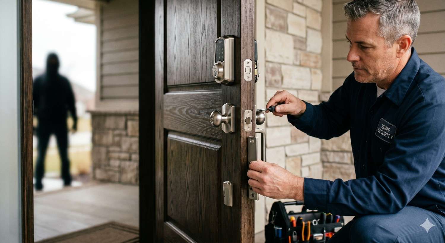 Home security technician installs or adjusts a smart lock and reinforced door hardware on a residential front entry. A blurred figure stands outside in the background, emphasizing security concerns. The image highlights home protection, lock upgrades, access control, burglary prevention, locksmith services, and modern residential security system installation.