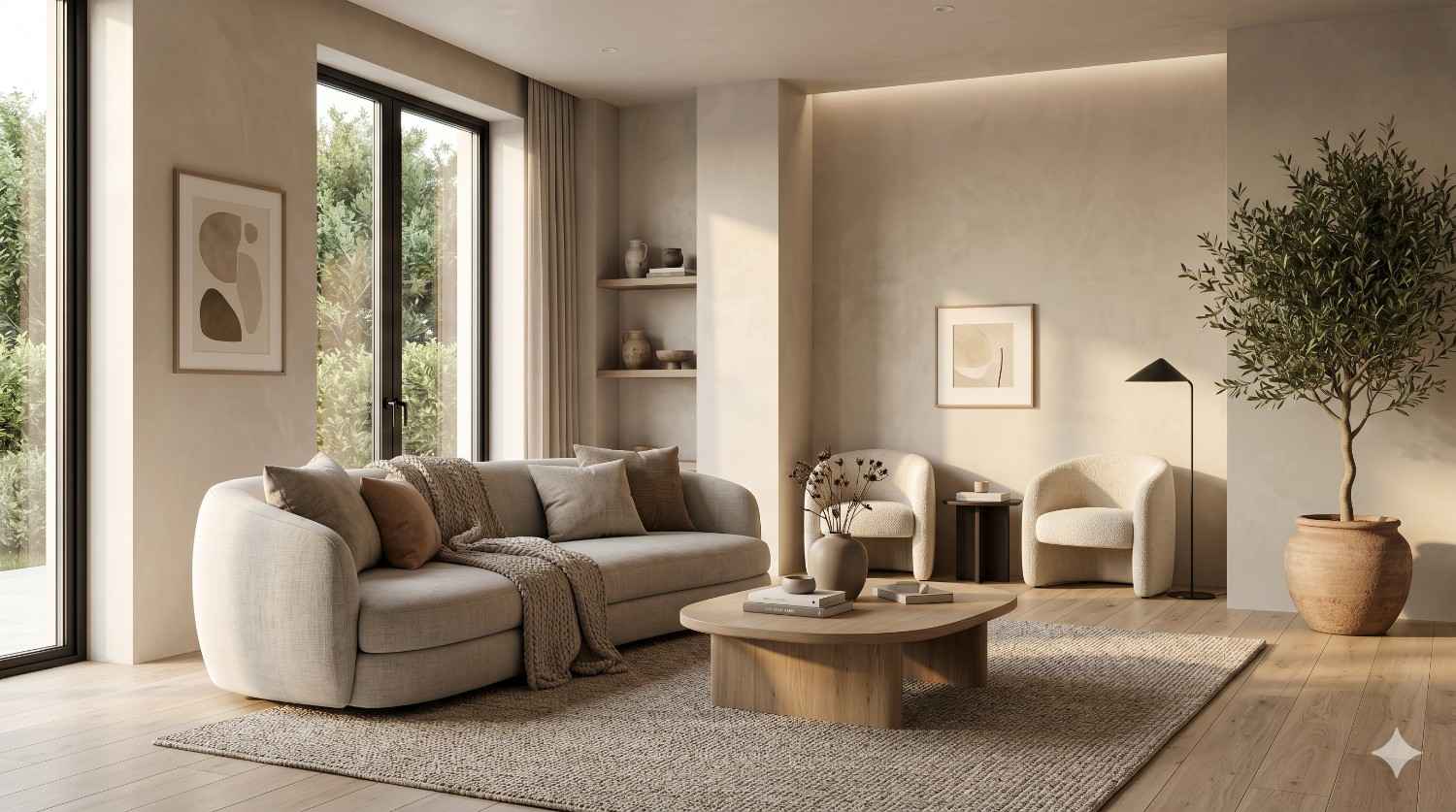 Minimalist modern living room with neutral-toned furniture, curved sofa, armchairs, wooden coffee table, and soft natural lighting. Large windows, indoor plant, textured decor, and warm beige walls create a calm and elegant interior space.